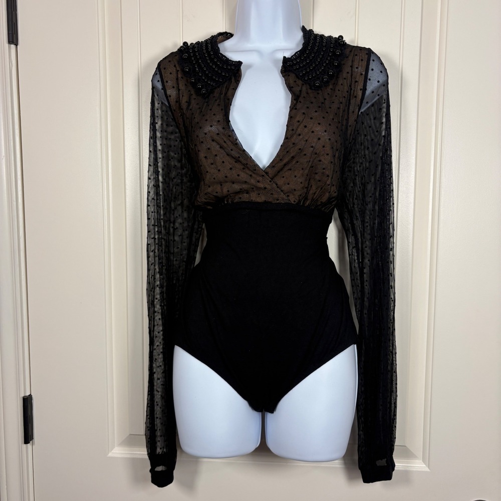 Black Beaded Collar Polka Dot Mesh Lace Bodysuit 4 Made in France Boudoir Goth